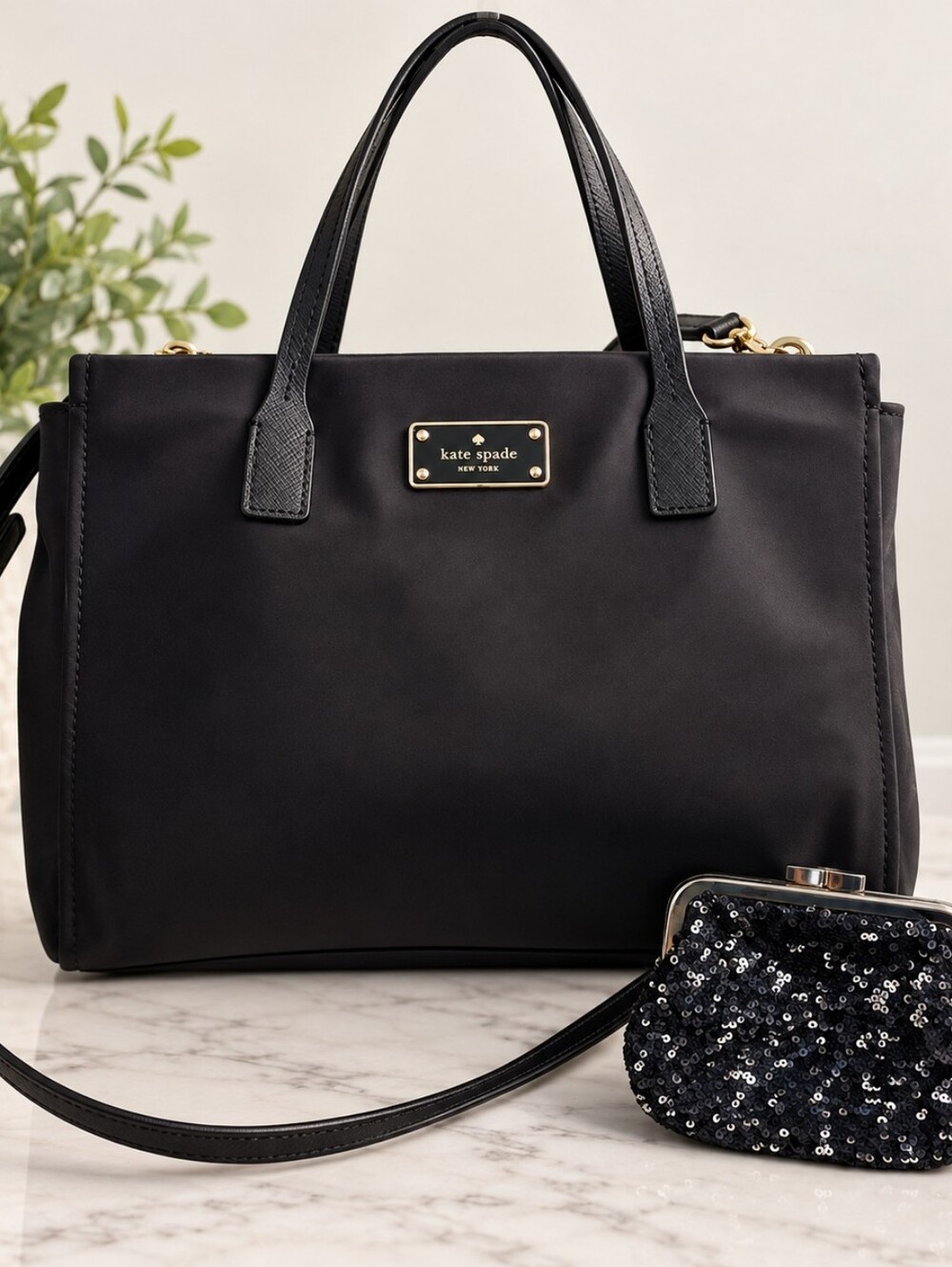 Kate Spade Black Nylon Crossbody Satchel Tote Bag + Sequin Coin Purse NWOT